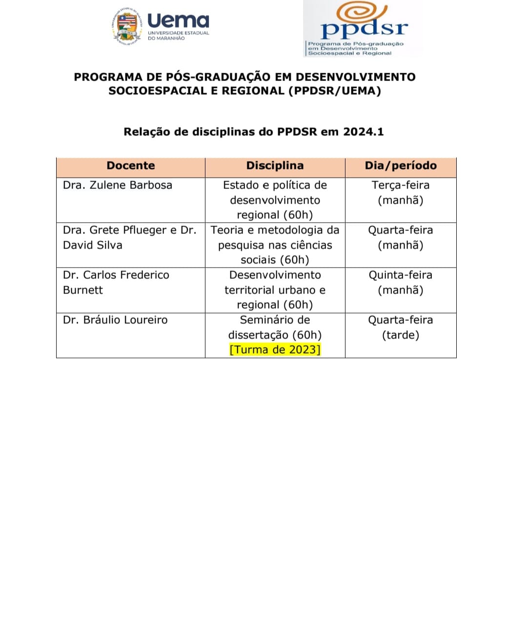 Quadro de disciplinas PPDSR [2024.1]