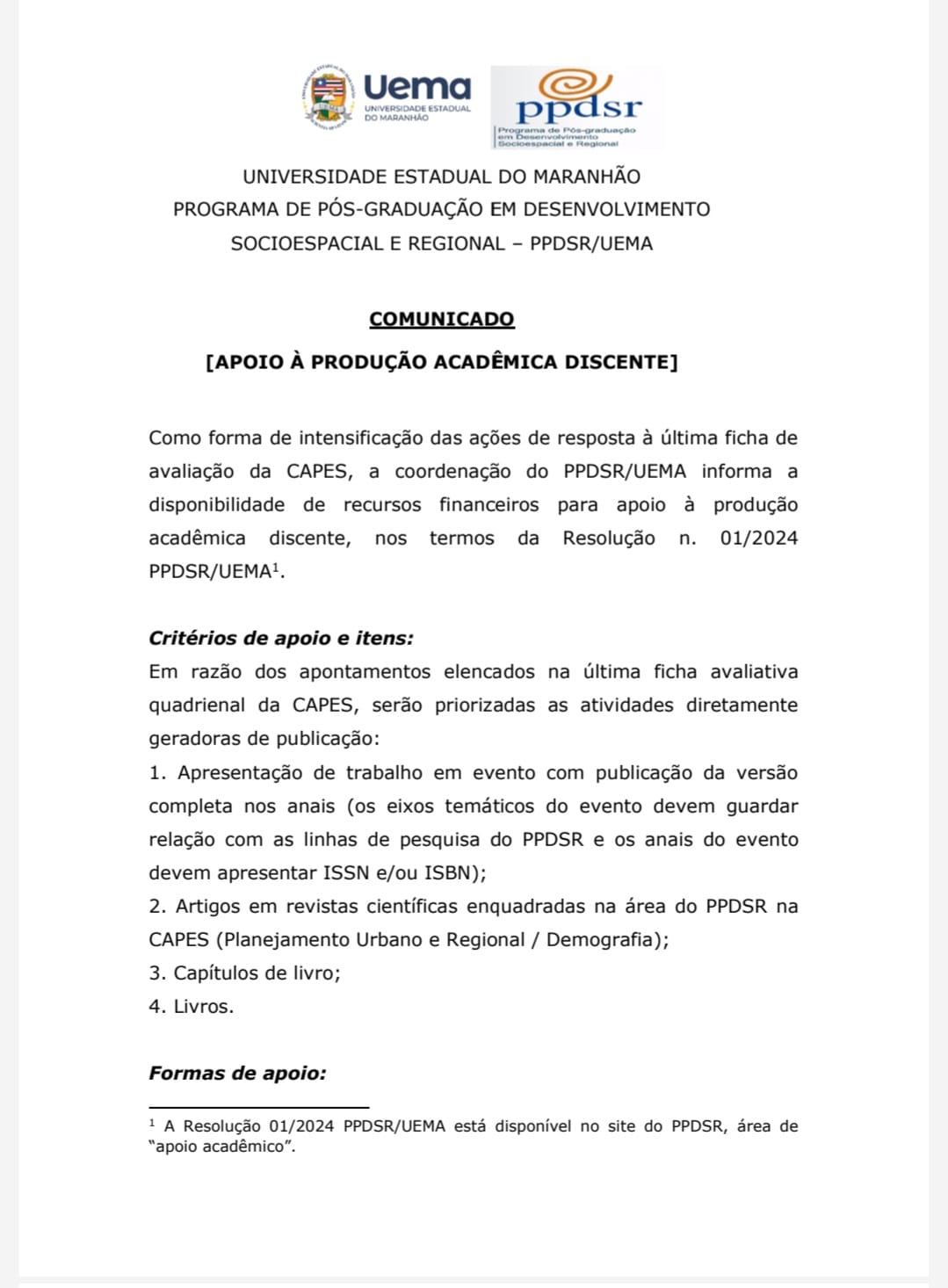 COMUNICADO [APOIO À PRODUÇÃO ACADÊMICA DISCENTE]