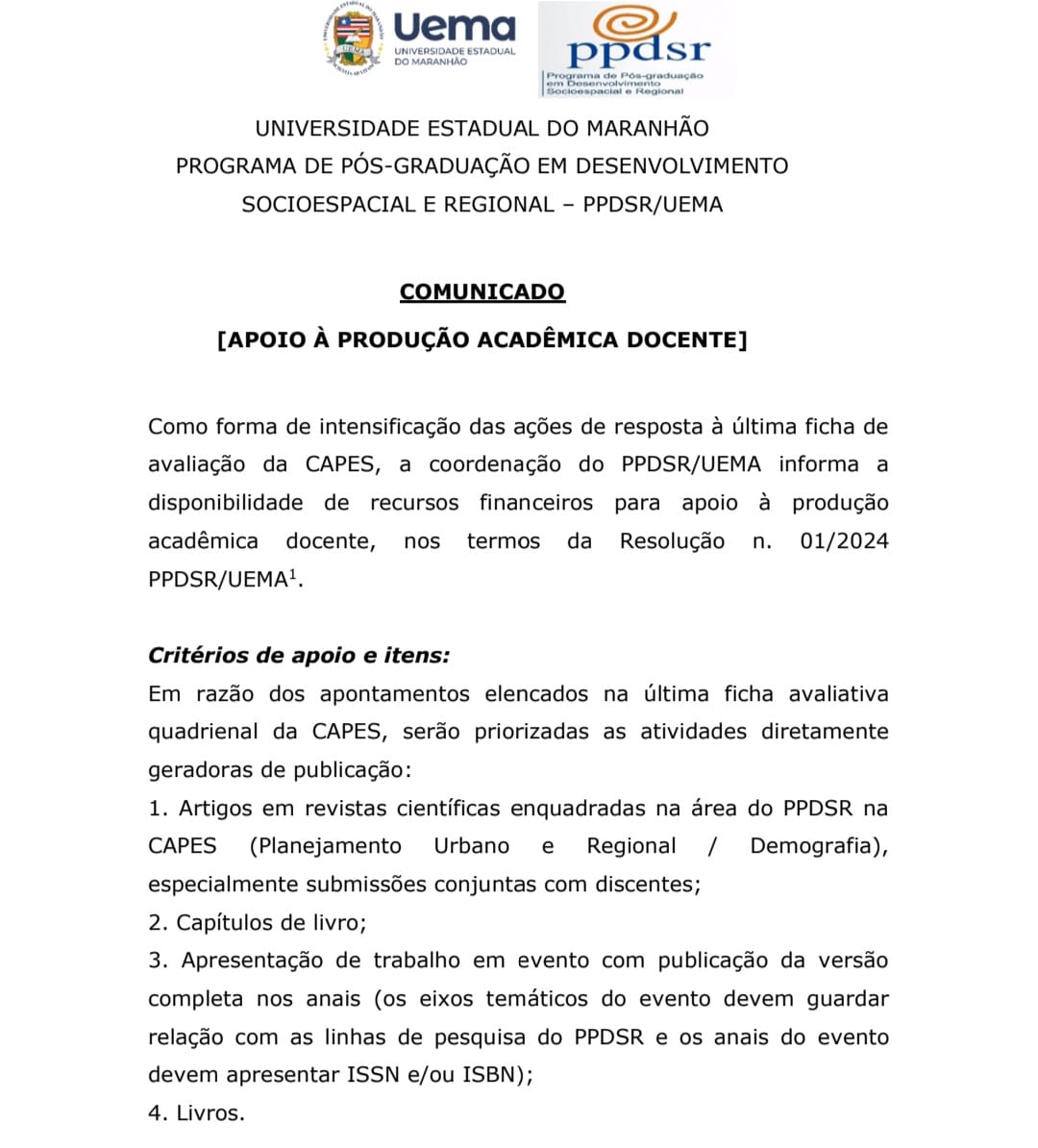 COMUNICADO [APOIO À PRODUÇÃO ACADÊMICA DOCENTE]